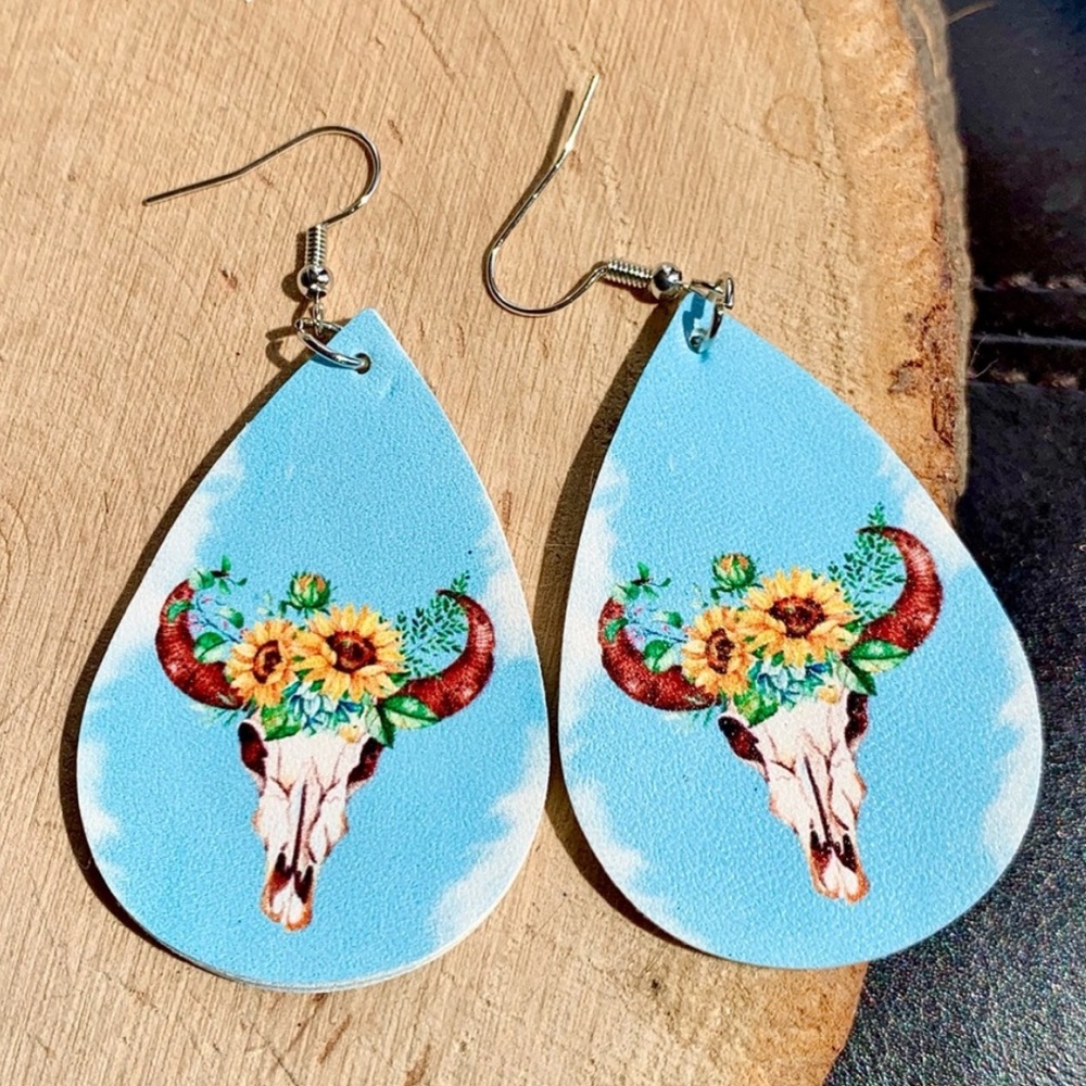 Western Faux Leather Southwestern Tear Drop Ram Sunflower Crown Earrings